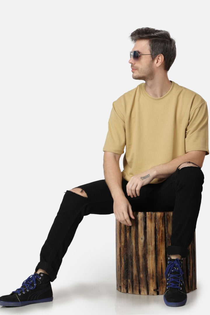 BEIGE PLAIN OVERSIZED DROP SHOULDER T SHIRT for men