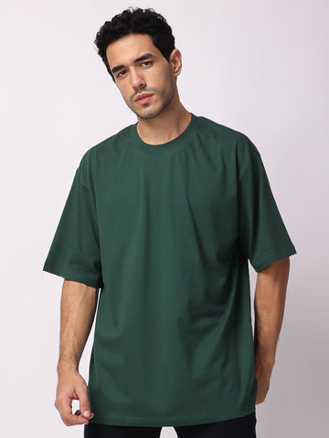 Bottle Green Plain Oversized Drop Shoulder T-Shirt