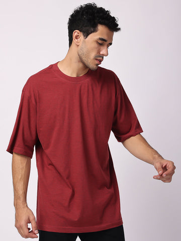 Brown Milange Plain Oversized Drop Shoulder T Shirt For men