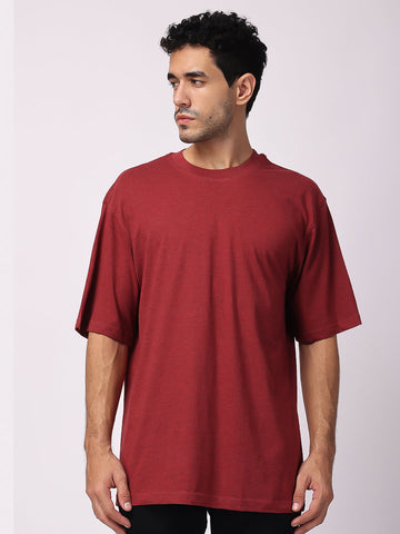 Brown Milange Plain Oversized Drop Shoulder T-Shirt 