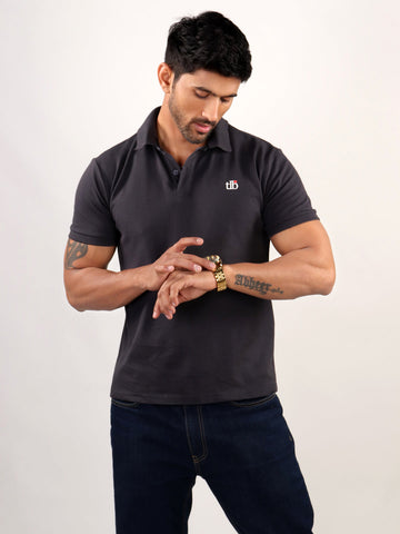 Men Charcoal Grey Polo Neck T-Shirt