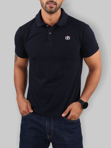 Men Navy Blue Polo Neck T-Shirt