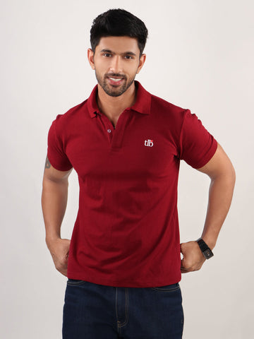 Men Wine Polo Neck T-Shirt Front Side