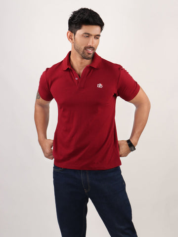 Men Wine Polo Neck T-Shirt look