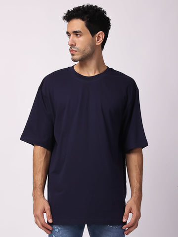 Navy Blue Plain Oversized Drop Shoulder T-Shirt