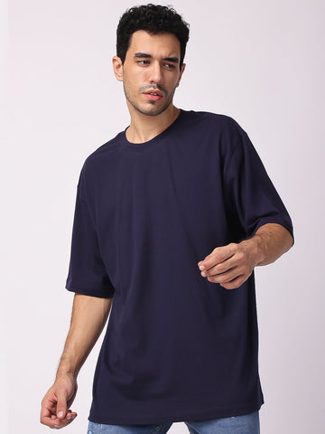 NAVY BLUE PLAIN OVERSIZED DROP SHOULDER T SHIRT for men