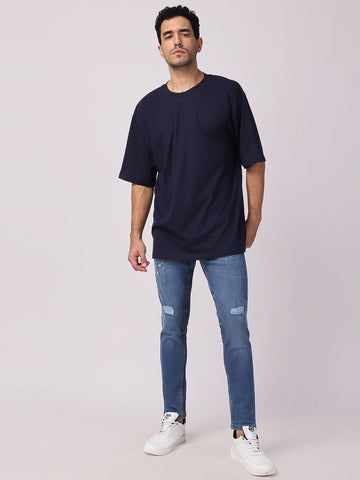 Buy Navy Blue Plain Oversized Drop Shoulder T-Shirt