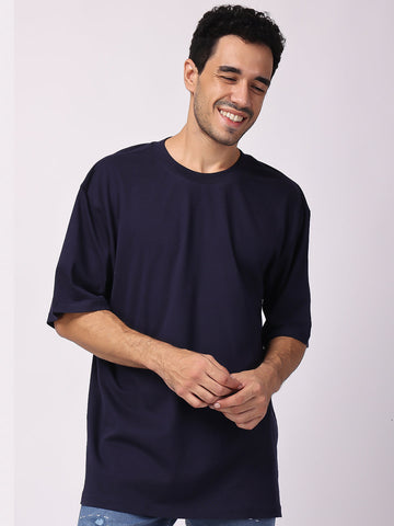 Navy Blue Plain Oversized Shoulder T Shirt for men