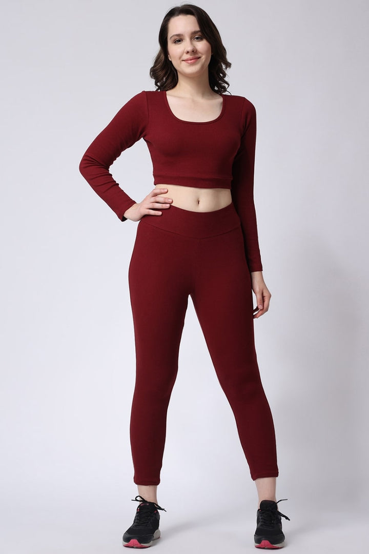 Women's Maroon Gym Co-Ord Set Leggings & Full Sleeves Crop Top