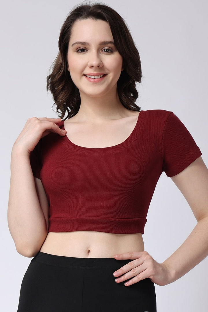 Women's Maroon Gym Half Sleeves Crop Tank Top