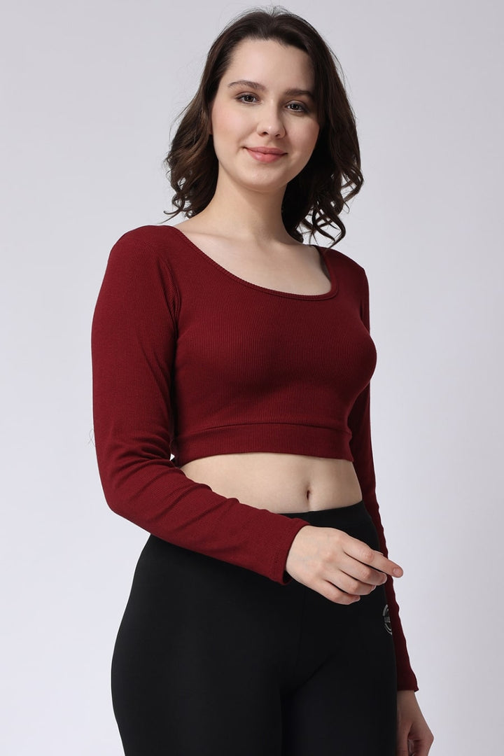 Women's Maroon Gym Rib Long Sleeve Crop Top