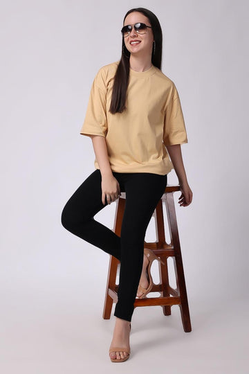 Women's Beige Plain Oversized Drop Shoulder T-Shirt