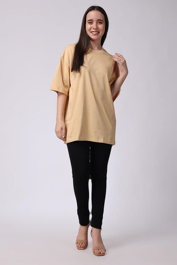 Beige Plain Oversized Drop Shoulder T-Shirt for Women