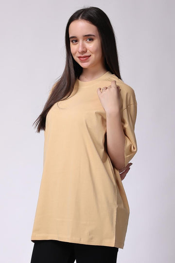 Women's Plain Oversized Drop Shoulder T-Shirt in Beige 