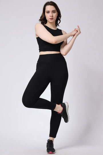 Women's Black Gym Co-Ord Set Leggings & Sleeveless Crop Top