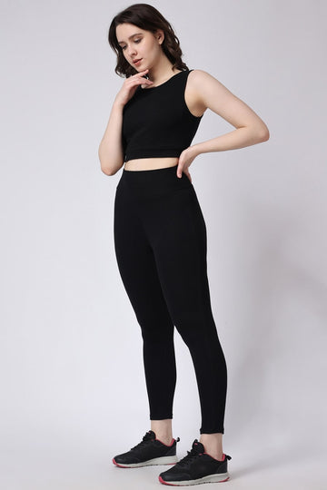 Black Gym Co-Ord Set Leggings & Sleeveless Crop Top for Women