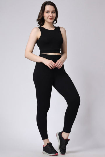 Black Gym Co-Ord Set Leggings & Sleeveless Crop Top for Women