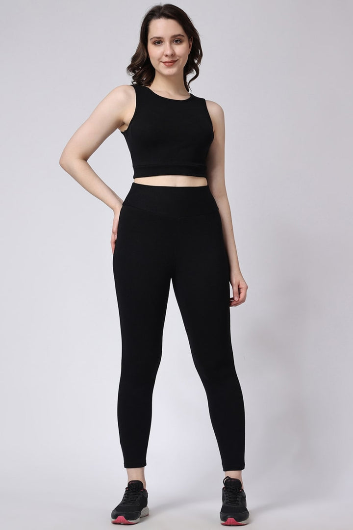 Black Gym Co-Ord Set Leggings & Sleeveless Crop Top for Women 