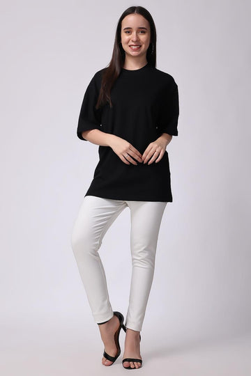 Black Plain Oversized Drop Shoulder T-Shirt for Women