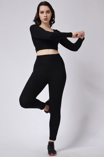 Black Ribbed Gym Co-Ord Set Slim Fit Women 