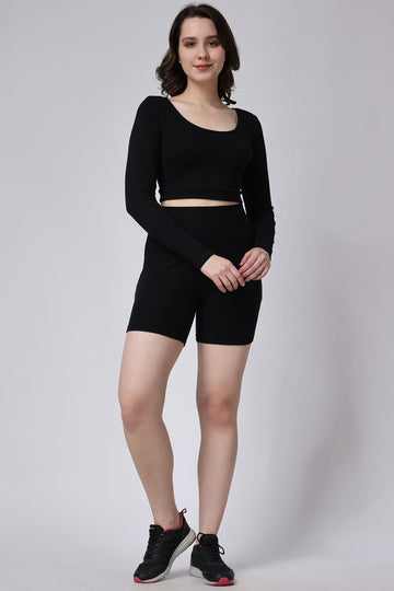 Women's Co-Ord Set: Black Ribbed Shorts and Full Sleeves Crop Top