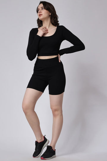 Black Ribbed Shorts and Full Sleeves Crop Top Co-Ord Set for Women