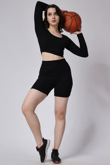 Women's Black Ribbed Shorts and Full Sleeves Crop Top Co-Ord Set