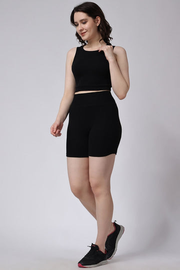 Sleek Black Ribbed Shorts and Sleeveless Crop Top Gym Co-Ord Set for Women