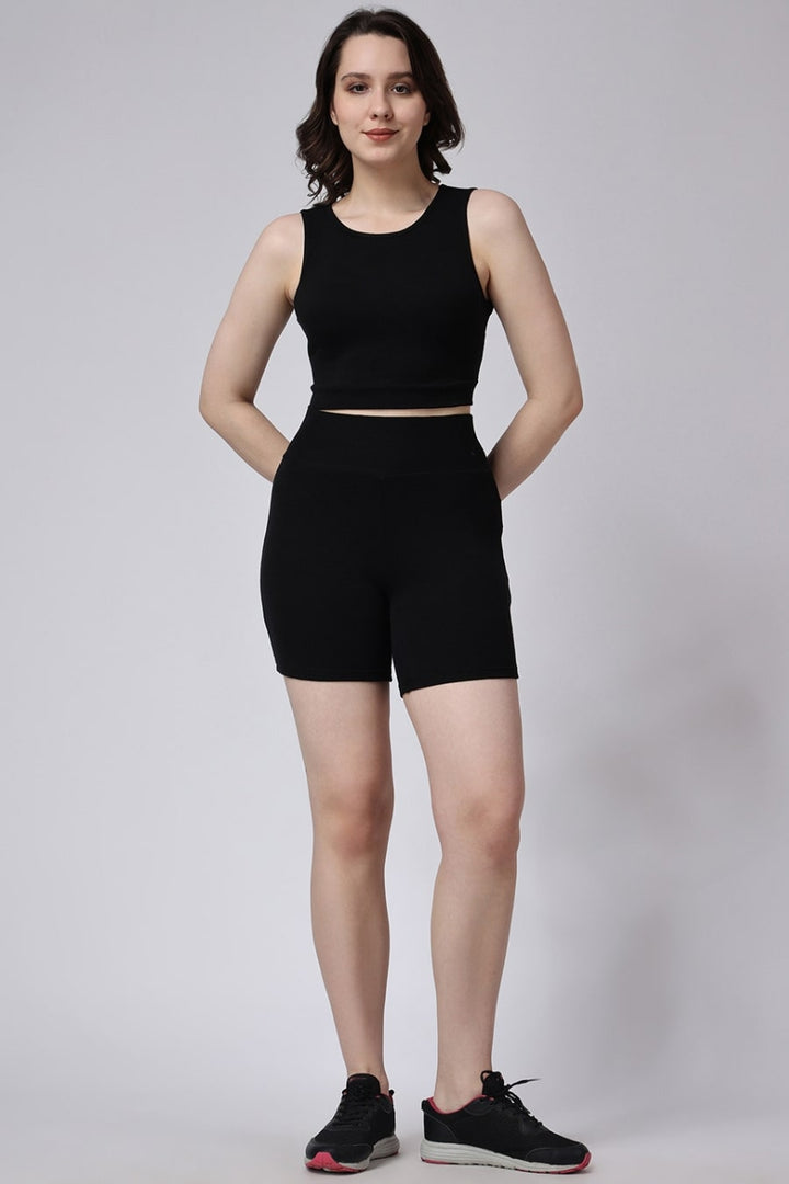 Women's Sleeveless Crop Top and Ribbed Shorts Gym Co-Ord Set in Stylish Black