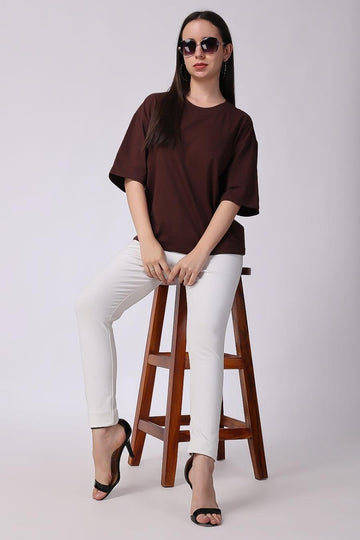 Women's Brown Plain Oversized Drop Shoulder T-Shirt 