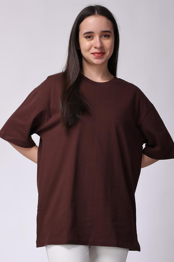 Women's Plain Oversized Drop Shoulder T-Shirt in Brown Color 