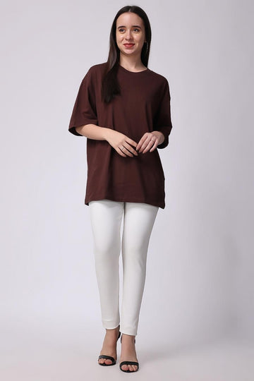 Brown Plain Oversized Drop Shoulder T-Shirt for Women