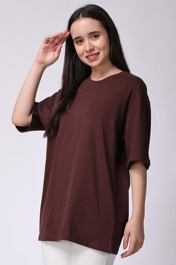 Women's Plain Oversized Drop Shoulder T-Shirt Brown Color