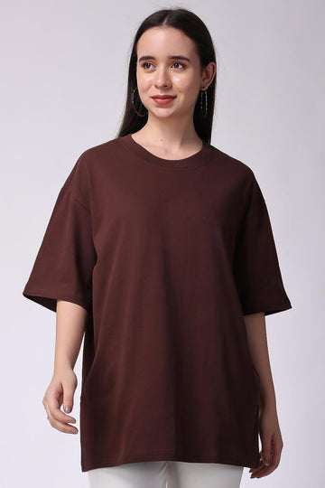 Women's Plain Oversized Drop Shoulder T-Shirt in Brown 