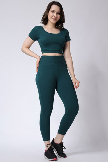 Women's Green Gym Set: Leggings & Half Sleeves Crop Top Co-Ord