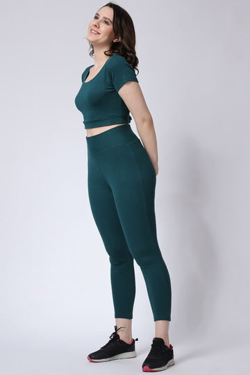 Women's Green Gym Co-Ord Set: Leggings & Half Sleeves Crop Top