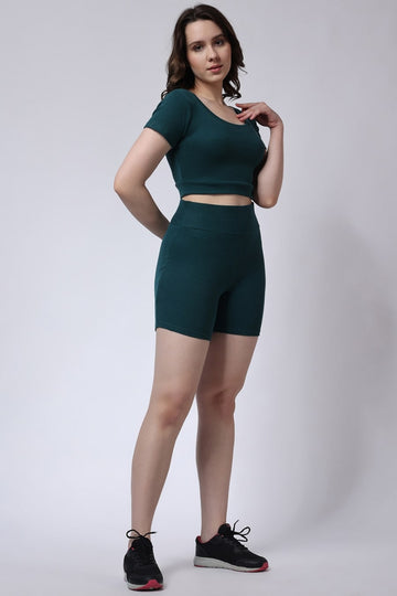 Women's Style with Green Shorts and Half Sleeves Crop Top Gym Co-Ord Set