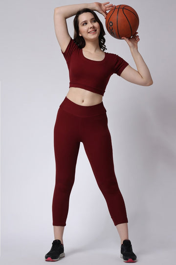 Women's Maroon Gym Co-Ord Set Leggings & Half Sleeves Crop Top