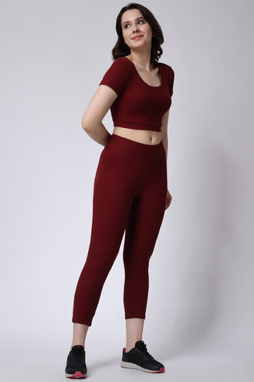 Maroon Gym Co-Ord Set Leggings for women with Half Sleeves Crop Top 