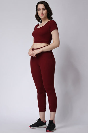 Gym Co-Ord Set Leggings & Half Sleeves Crop Top Maroon for Women