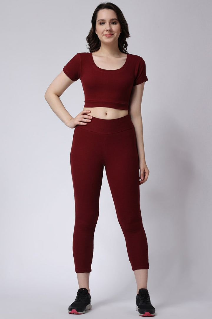 Maroon Gym Co-Ord Set Leggings & Half Sleeves Crop Top Women Style