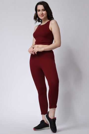 Maroon Women's Gym Co-Ord Set: Leggings & Sleeveless Crop Top