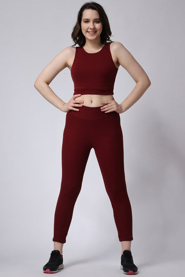 Gym Co-Ord Set for Women: Maroon Leggings & Sleeveless Crop Top