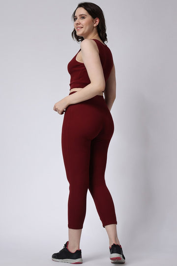 Women's Sleeveless Crop Top & Leggings Co-Ord Set in Maroon