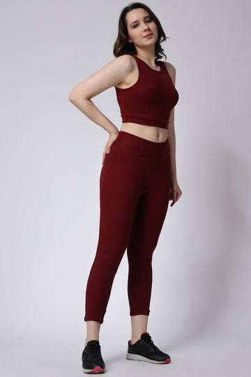 Maroon Gym Co-Ord Set: Leggings & Sleeveless Crop Top for Women