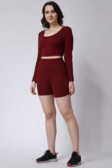 Women's Gym Co-Ord Set Ribbed Full Sleeves in Maroon Color