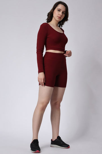 Women's Gym Co-Ord Set Ribbed Full Sleeves Maroon Color