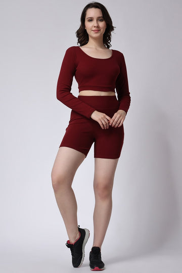 Maroon Gym Co-Ord Set Ribbed Full Sleeves Women