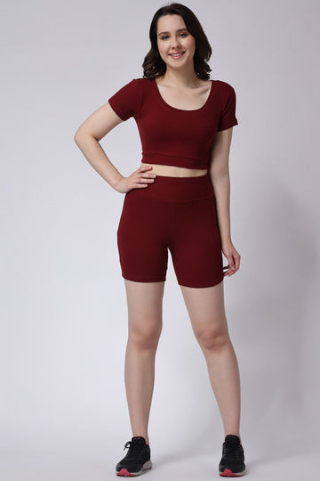 Women's Maroon Gym Co-Ord Set Ribbed Half Sleeves with Shorts