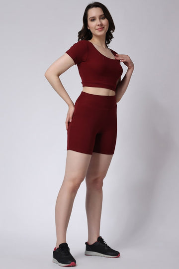 Maroon Gym Co-Ord Set Ribbed Half Sleeves with Shorts Women